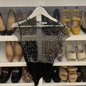 Beaded pearl body suit - see through - size small